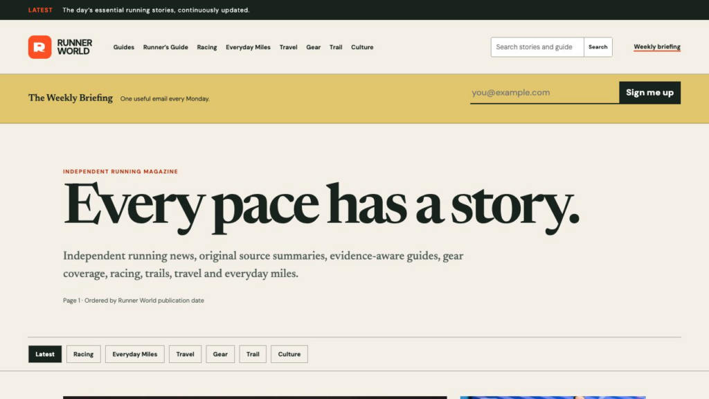 Redesigned Runner World homepage with weekly briefing, category filters, and Every pace has a story headline
