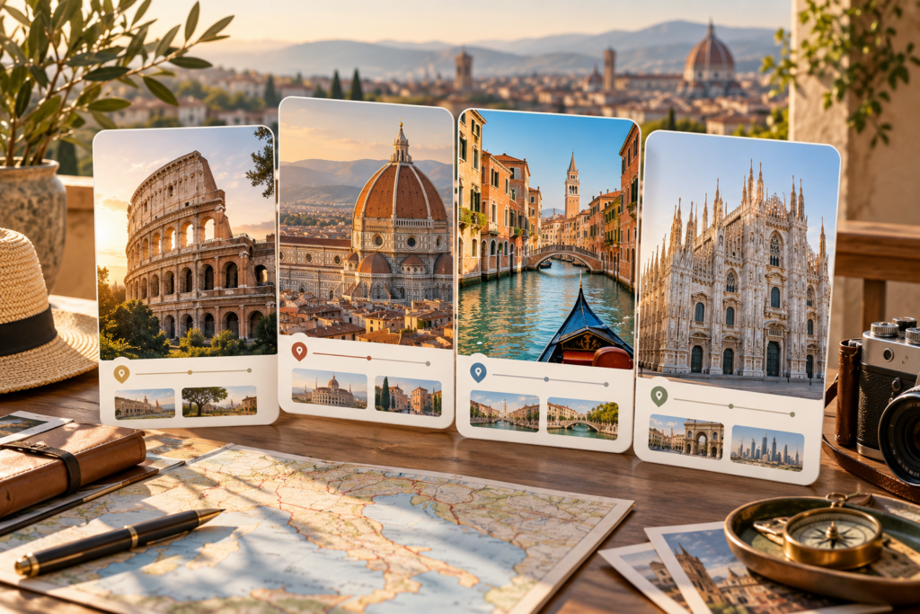 Tour planning cards featuring the Colosseum, Florence Duomo, a Venice canal and Milan Cathedral