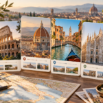 Tour planning cards featuring the Colosseum, Florence Duomo, a Venice canal and Milan Cathedral